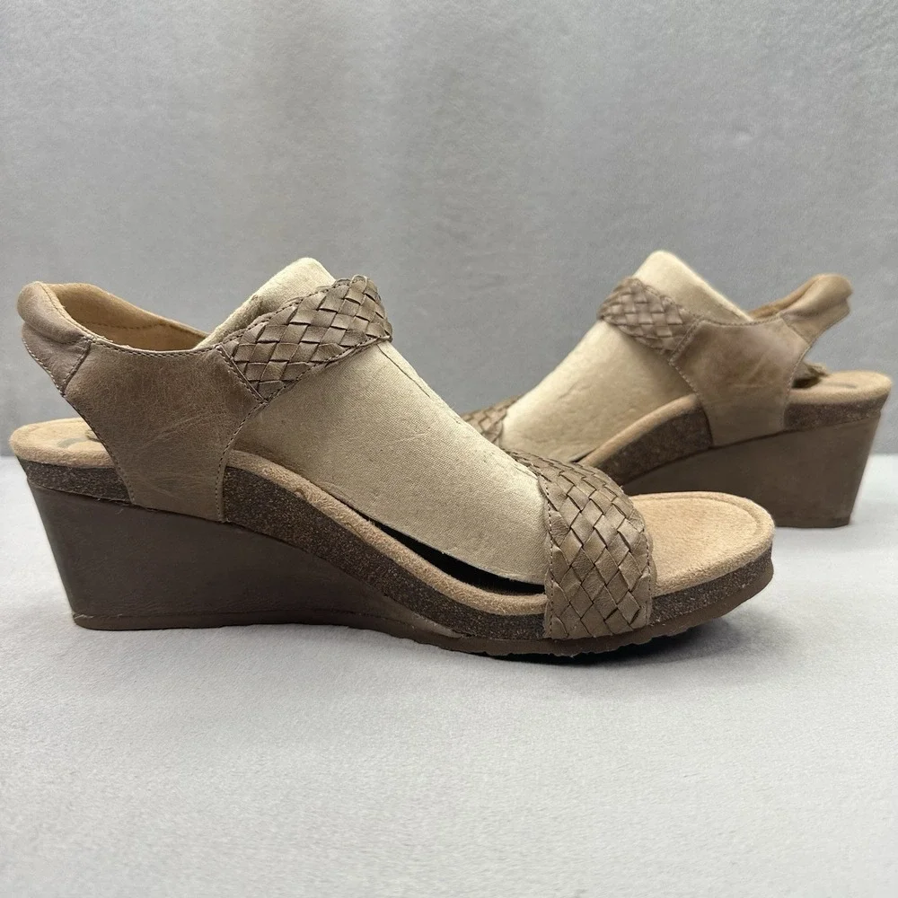 Womens 10.5-11 Aetrex Grace Adjustable Woven Wedge Taupe Leather Braided Sandals